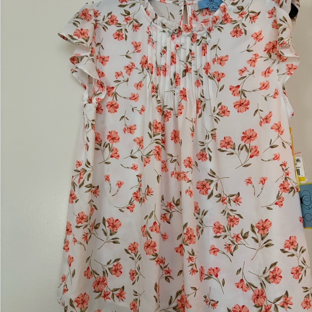 Macy's Floral Ruffle Sleeve Blouse - White and Pink